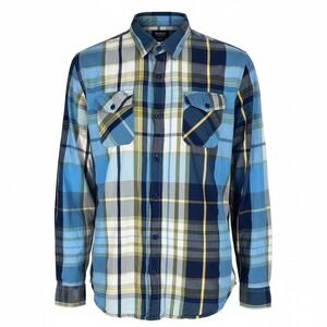 Born Fly Mens 2XL Long Sleeve Plaid Button Up Shirt pocket logo Blue Yellow